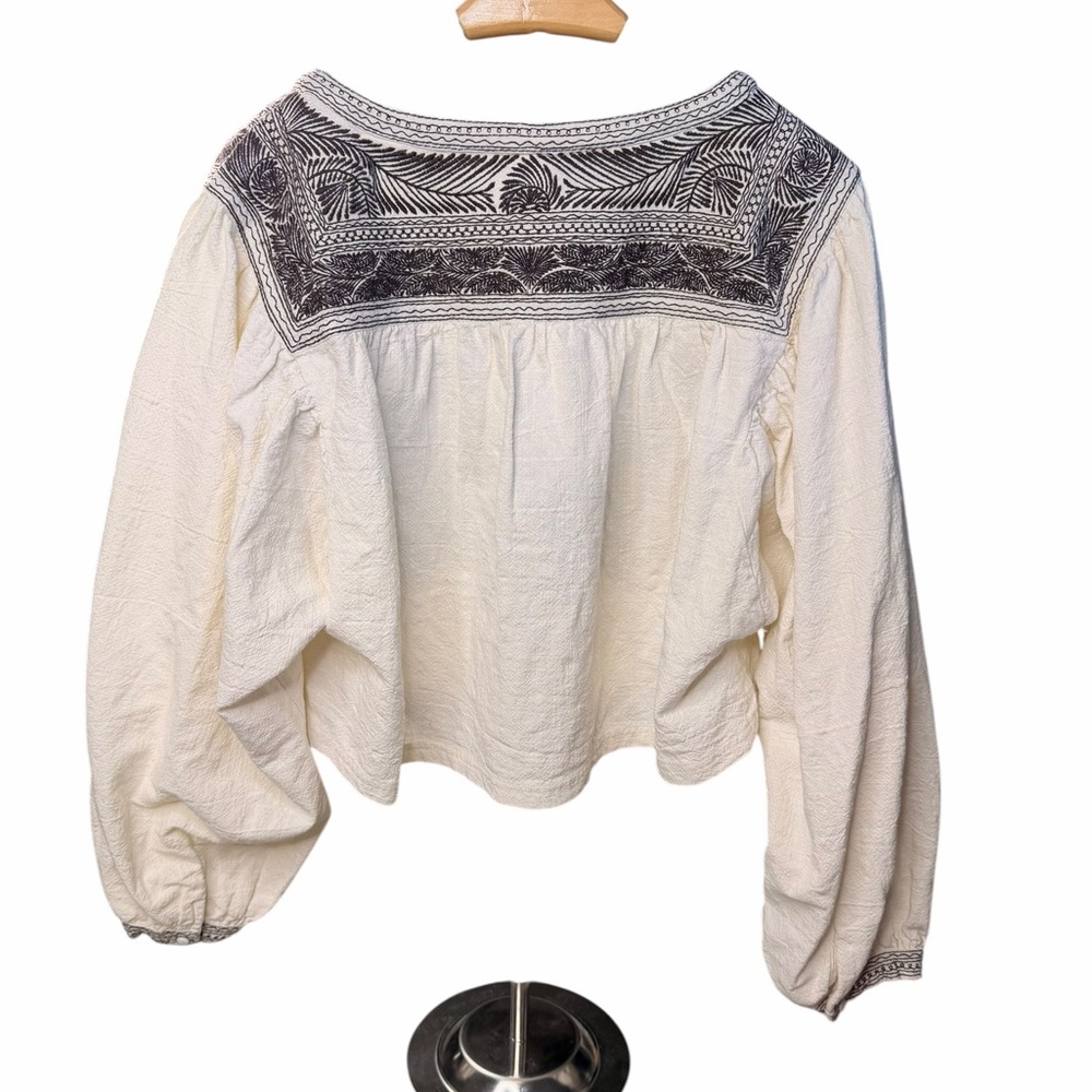 Free People Cream Blouse with  Floral Black Embroidery - Picture 4 of 9